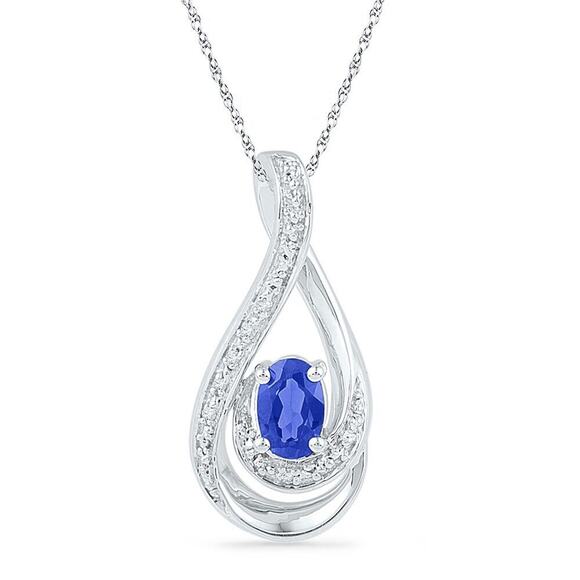 Natural Diamond & Simulated Blue Oval Sapphire Pendant 925 Sterling Silver - Picture 2 of 2